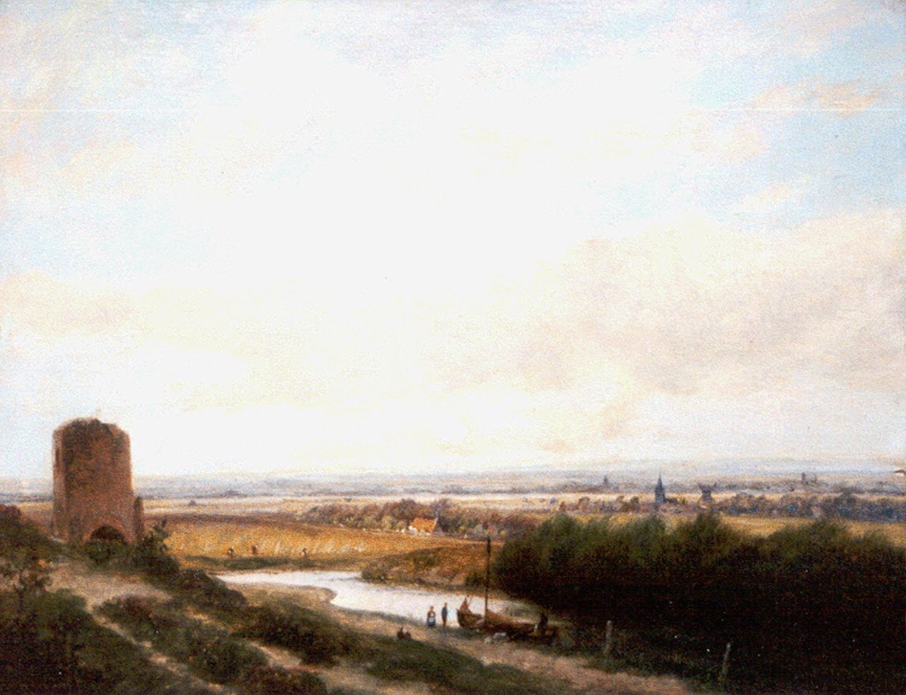 Morel II J.E.  | Jan Evert Morel II, A panoramic landscape with ruin, oil on panel 24.4 x 31.3 cm, signed l.l.