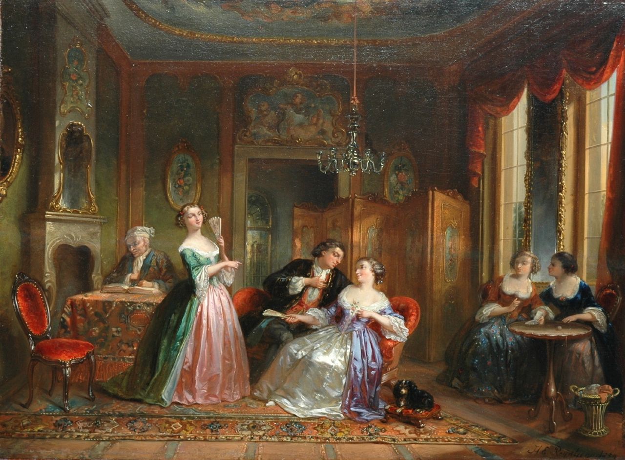 Reijntjens H.E.  | Henricus Engelbertus Reijntjens, The proposal, oil on panel 39.2 x 52.5 cm, signed l.r. and dated 1839