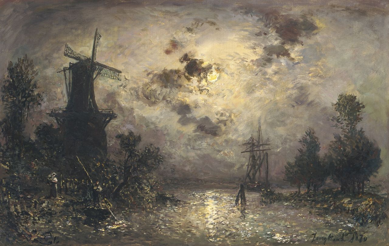 Jongkind J.B.  | Johan Barthold Jongkind, A moonlit river landscape, oil on canvas 41.5 x 65.0 cm, signed l.r. and dated 1870