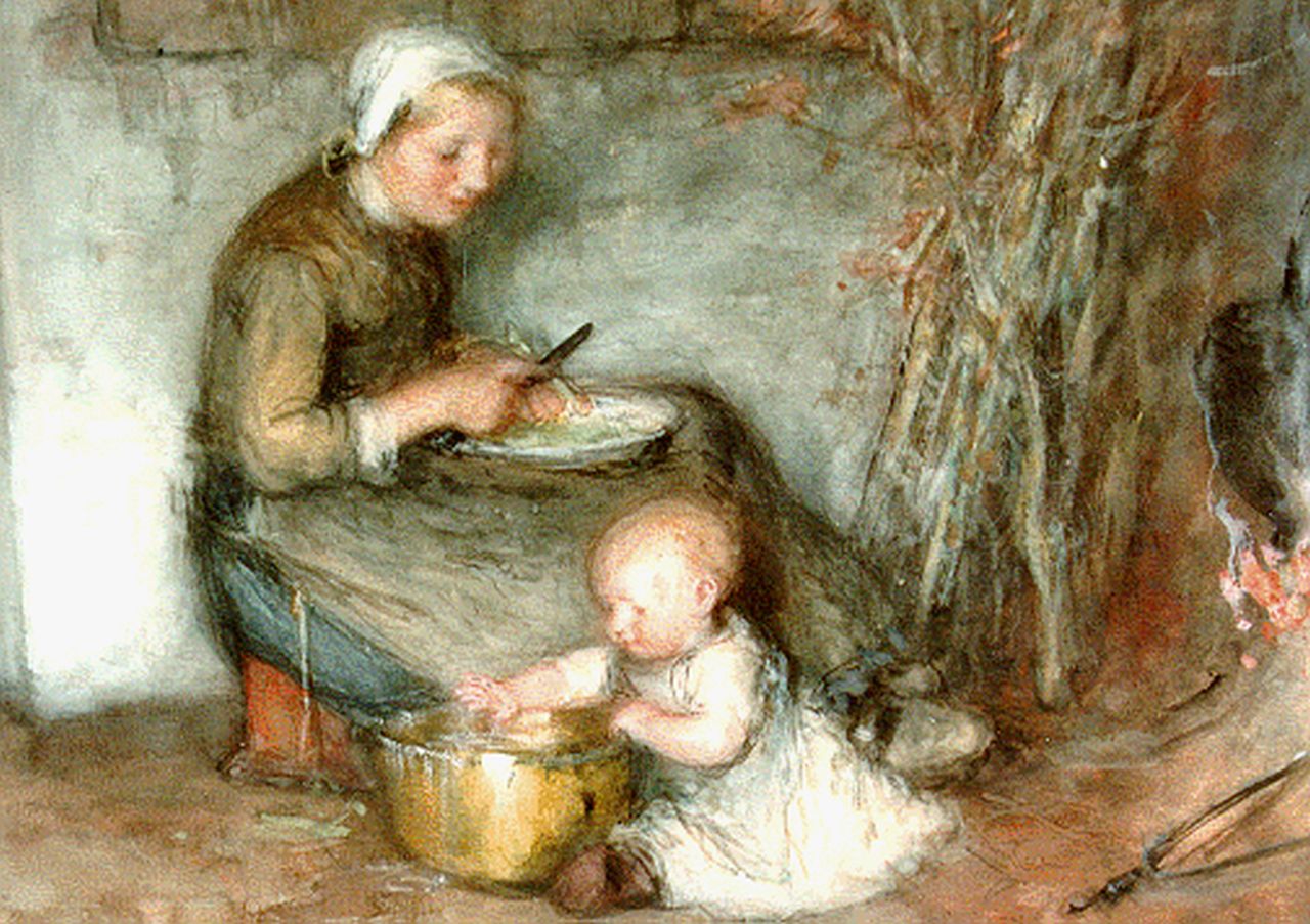 Blommers B.J.  | Bernardus Johannes 'Bernard' Blommers, Mother's little helper, watercolour on paper 39.0 x 51.0 cm, signed l.r.