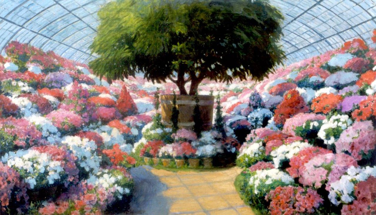 Franz Dvorak | Orangerie with blossoming flowers, oil on canvas, 75.0 x 128.0 cm, signed l.c.