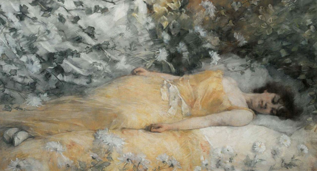 Muller G.G.  | 'Gerard' Gustaaf Muller, A serene sleep, watercolour on paper 58.0 x 101.2 cm, signed l.l.