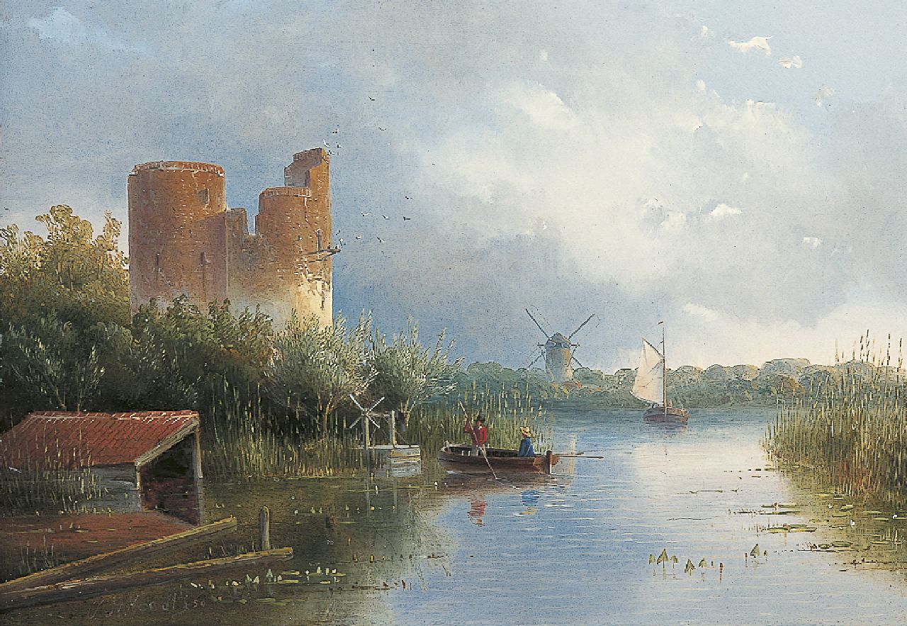 Hoedt J.H.W.  | Jan Hendrik Willem Hoedt, A river landscape with fishermen, oil on panel 21.9 x 30.9 cm, signed l.l. and dated '50