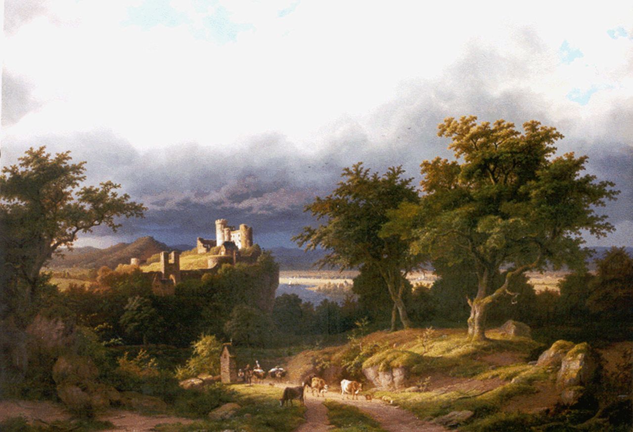 Bimmermann C.  | Caesar Bimmermann, A landscape with cattle on a path, a castle beyond, oil on canvas 91.5 x 129.0 cm, signed l.l.