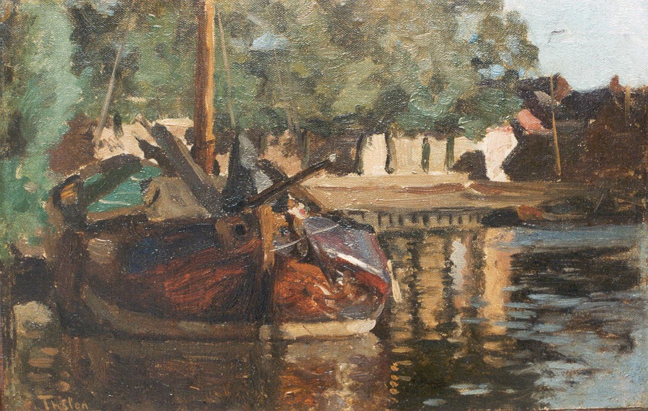 Tholen W.B.  | Willem Bastiaan Tholen, Moored boat, oil on canvas laid down on panel 18.2 x 28.5 cm, signed l.l. and painted circa 1910