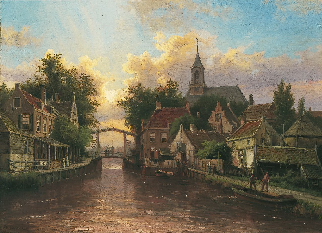 Koekkoek W.  | Willem Koekkoek, A view of a canal in a Dutch town, oil on canvas 43.7 x 60.0 cm, signed l.l.