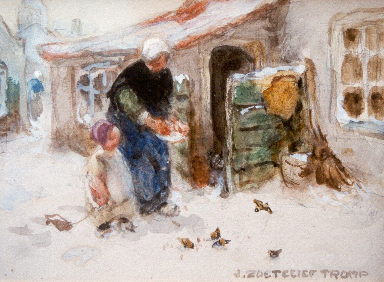Zoetelief Tromp J.  | Johannes 'Jan' Zoetelief Tromp, Feeding the birds in winter, watercolour on paper 14.5 x 19.0 cm, signed l.r.