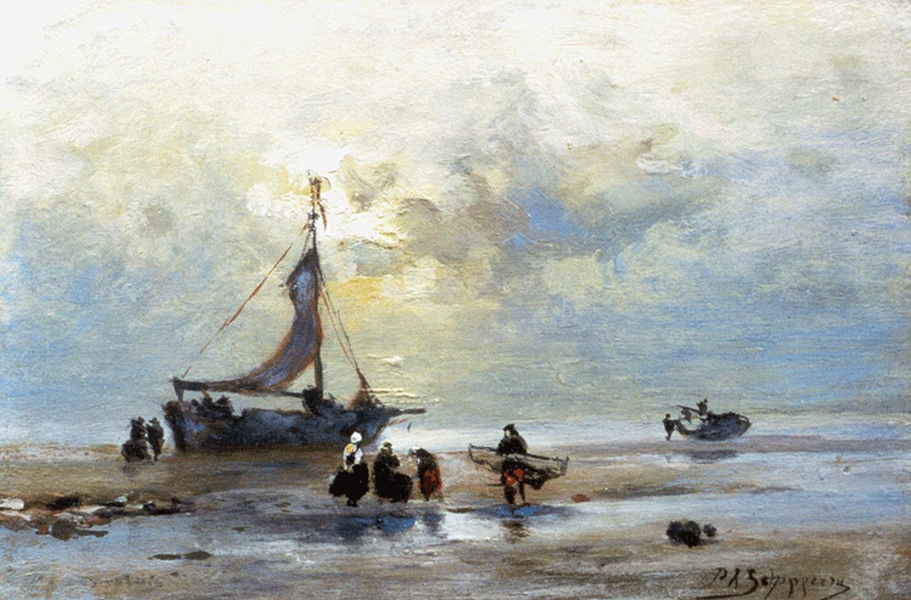 Schipperus P.A.  | Pieter Adrianus 'Piet' Schipperus, A 'bomschuit' on the beach, Scheveningen, oil on panel 16.9 x 25.2 cm, signed l.r. and indistinctly l.l.