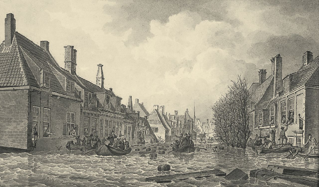 Koekkoek J.H.  | Johannes Hermanus Koekkoek, The Palingstreet in Vlissingen during the 1808 flood, sepia on paper 15.5 x 25.5 cm