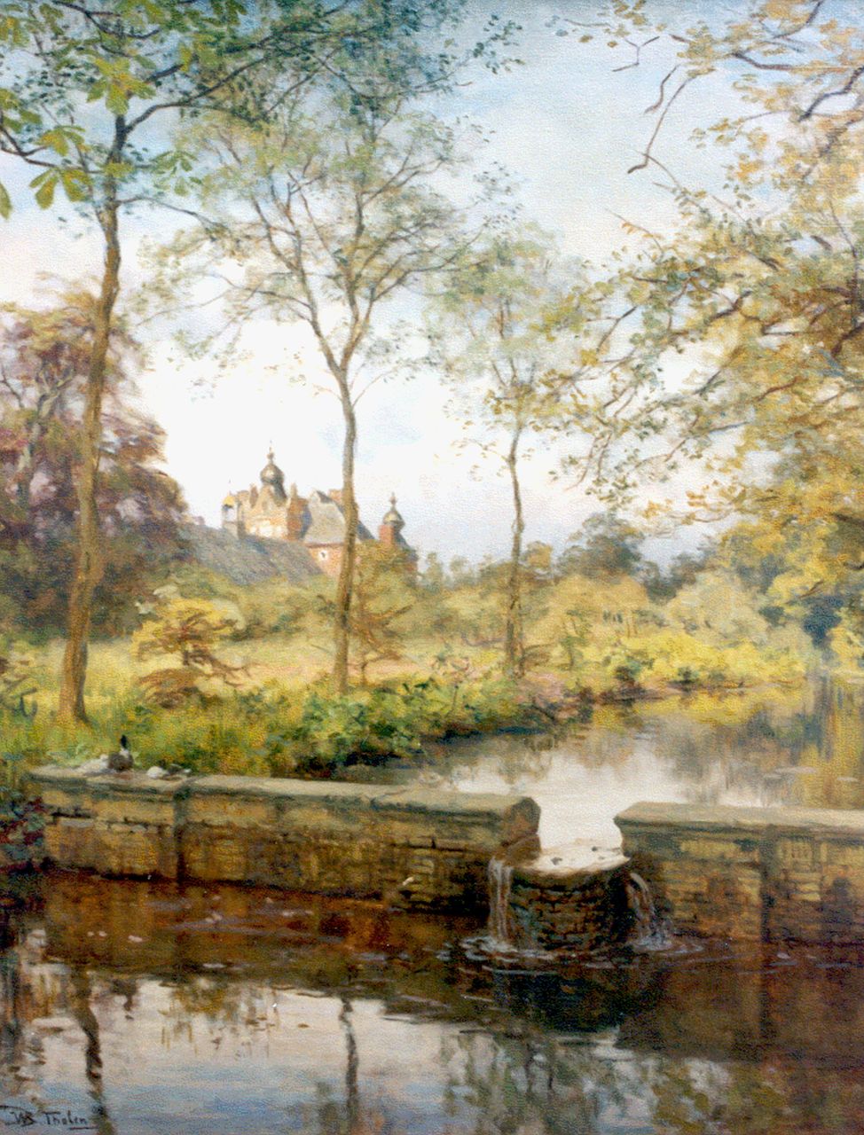 Tholen W.B.  | Willem Bastiaan Tholen, A stream, with 'Huize Cannenburgh' in the distance, oil on canvas 76.3 x 60.3 cm, signed l.l.