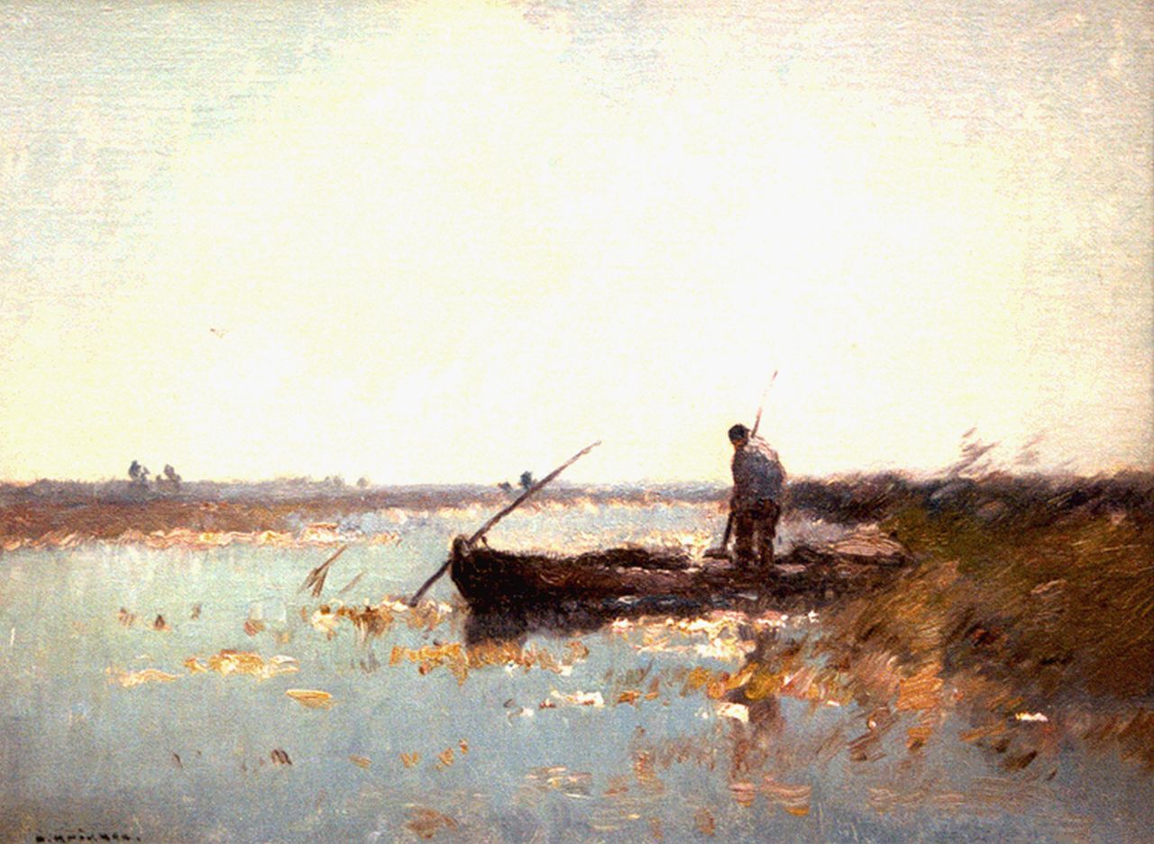 Knikker A.  | Aris Knikker, A fisherman in a flatboat, oil on canvas 30.7 x 40.3 cm, signed l.l.