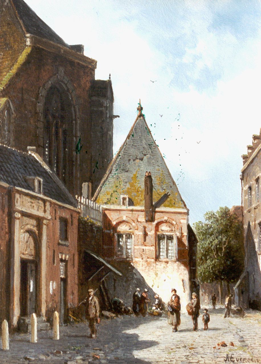 Eversen A.  | Adrianus Eversen, A town square in summer, oil on panel 19.9 x 14.4 cm, signed l.r.