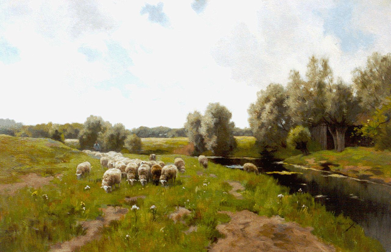 Steelink jr. W.  | Willem Steelink jr., A shepherd with his flock, oil on canvas 62.8 x 95.0 cm, signed l.r.