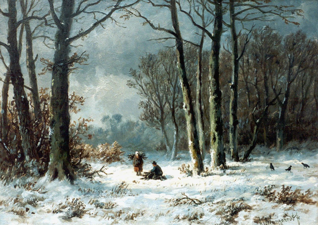Wijngaerdt A.J. van | Anthonie Jacobus van Wijngaerdt, Wood gatherer in a winter landscape, oil on panel 23.6 x 33.1 cm, signed signed l.r.