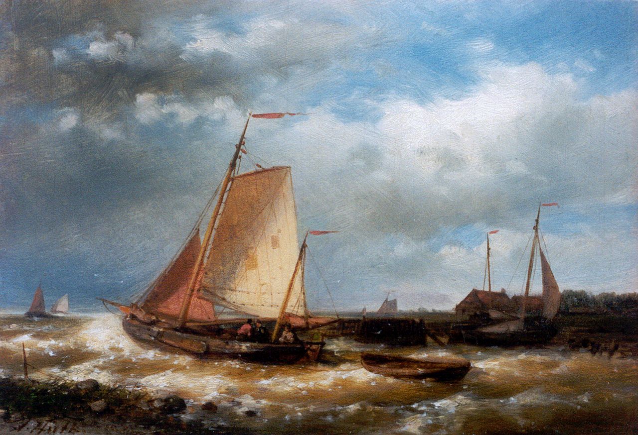 Hulk A.  | Abraham Hulk, Sailing vessel setting out, oil on panel 18.0 x 25.5 cm, signed l.l.