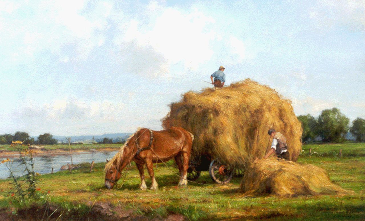 Holtrup J.  | Jan Holtrup, A haycart, with the river IJssel beyond, oil on canvas 50.0 x 80.3 cm, signed l.r.
