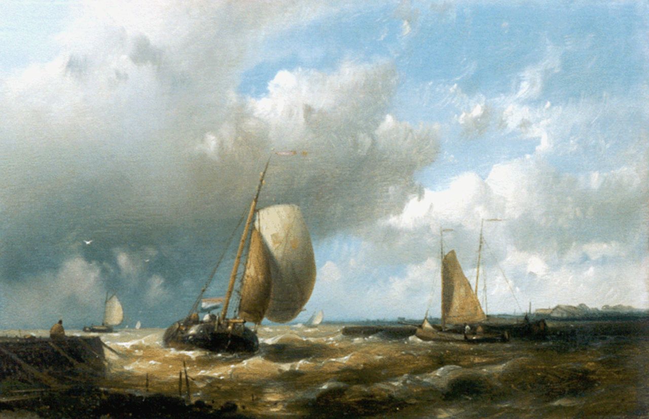 Hulk A.  | Abraham Hulk, Sailing vessels entering harbour, oil on panel 16.7 x 25.6 cm, signed l.l.