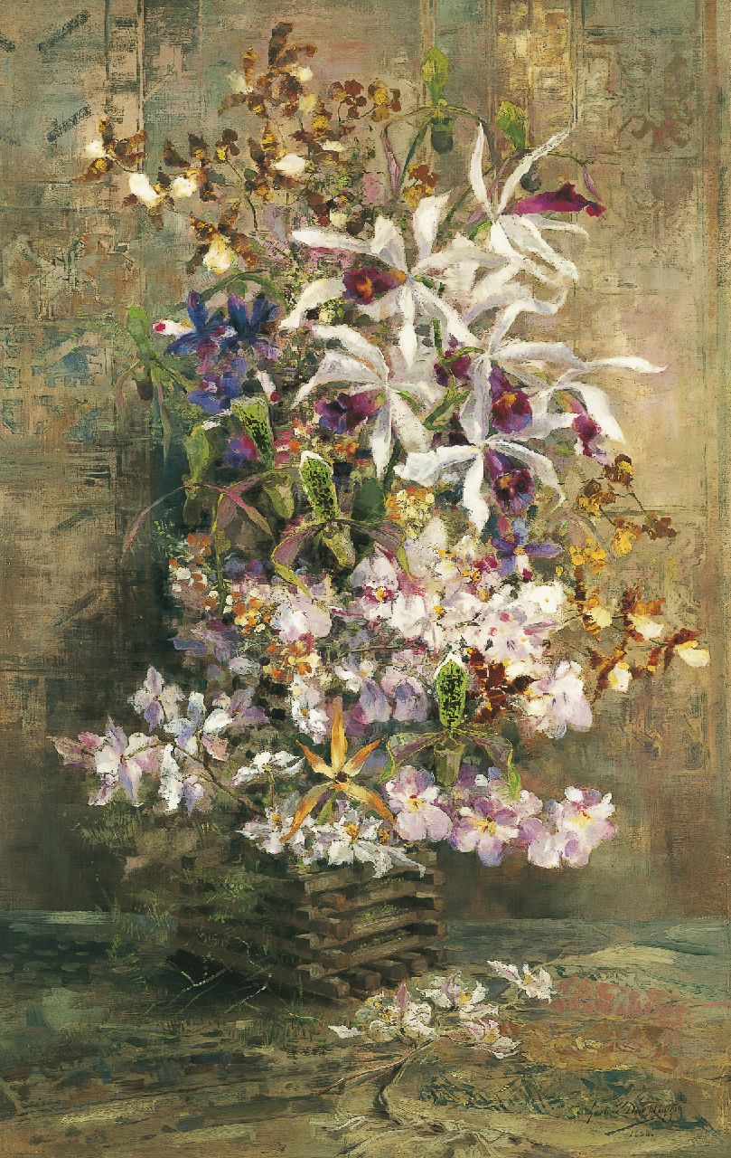 Gustave den Duyts | A still life with orchids, oil on canvas, 108.7 x 68.3 cm, signed l.r. and dated 1888