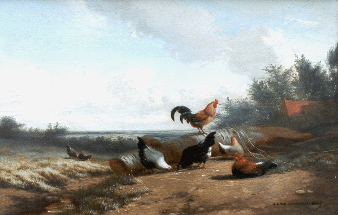 Leemputten J.L. van | Jean-Baptiste Leopold van Leemputten, Poultry in a landscape, 23.9 x 36.0 cm, signed l.r. and dated 1867