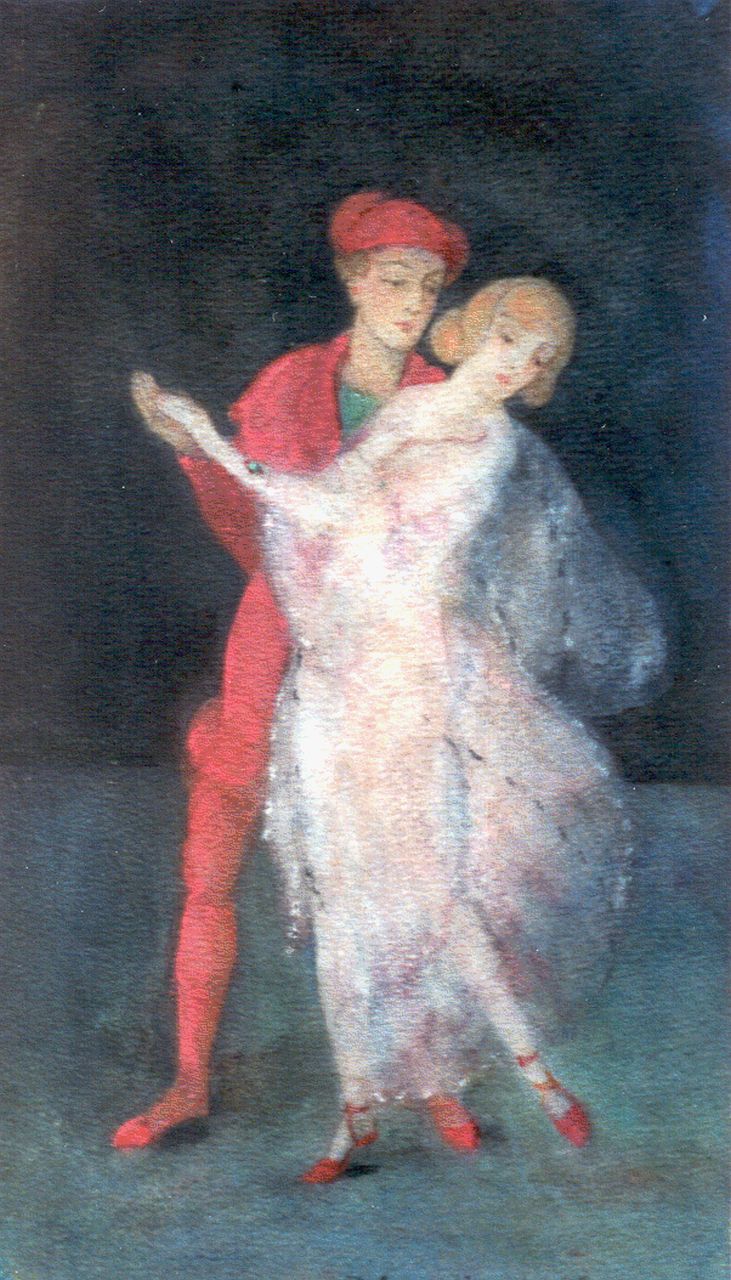 Moor P.C. de | Pieter Cornelis de Moor, Dancing couple, watercolour and gouache on paper 28.0 x 15.4 cm, signed l.r.