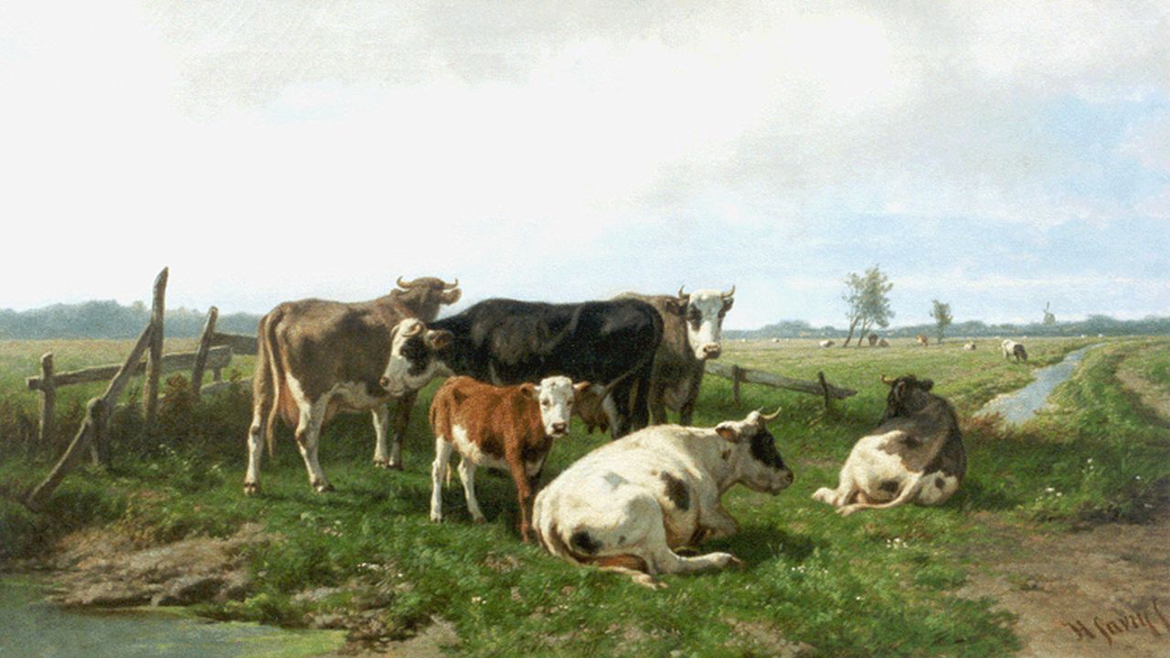 Savrij H.  | Hendrik Savrij, Cattle in a landscape, oil on canvas 61.3 x 107.3 cm, signed l.r. and on the reverse and dated 1884 on the reverse