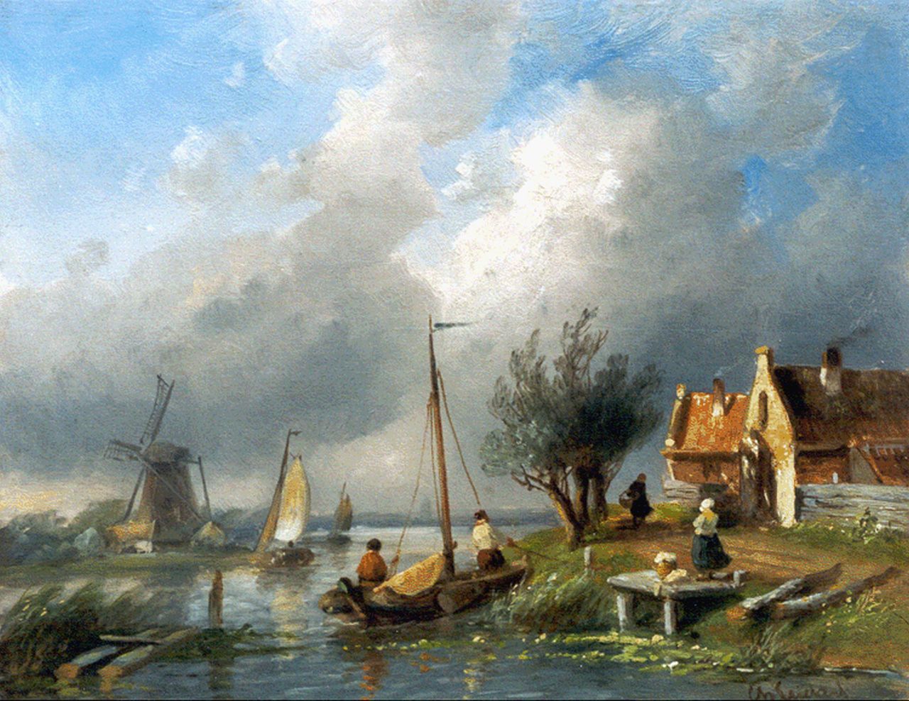 Leickert C.H.J.  | 'Charles' Henri Joseph Leickert, Sailing boats on a canal, oil on panel 21.7 x 27.1 cm, signed l.r.