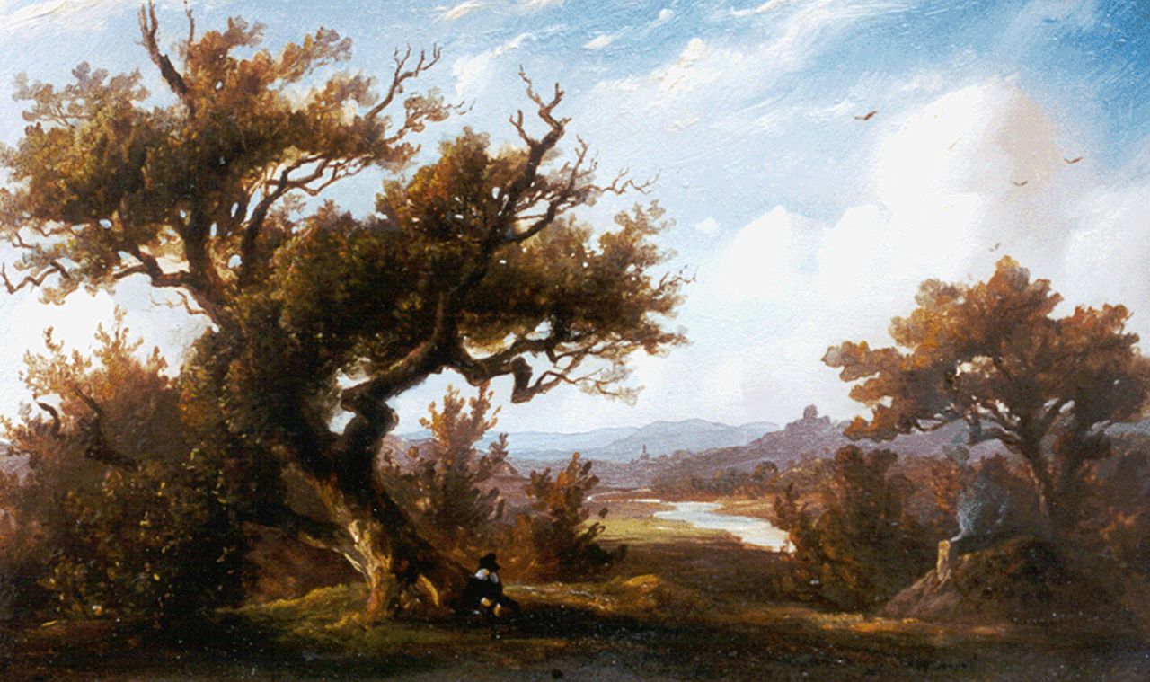 Tavenraat J.  | Johannes Tavenraat, A river landscape, oil on panel 11.5 x 19.0 cm, signed l.l. and dated 1848