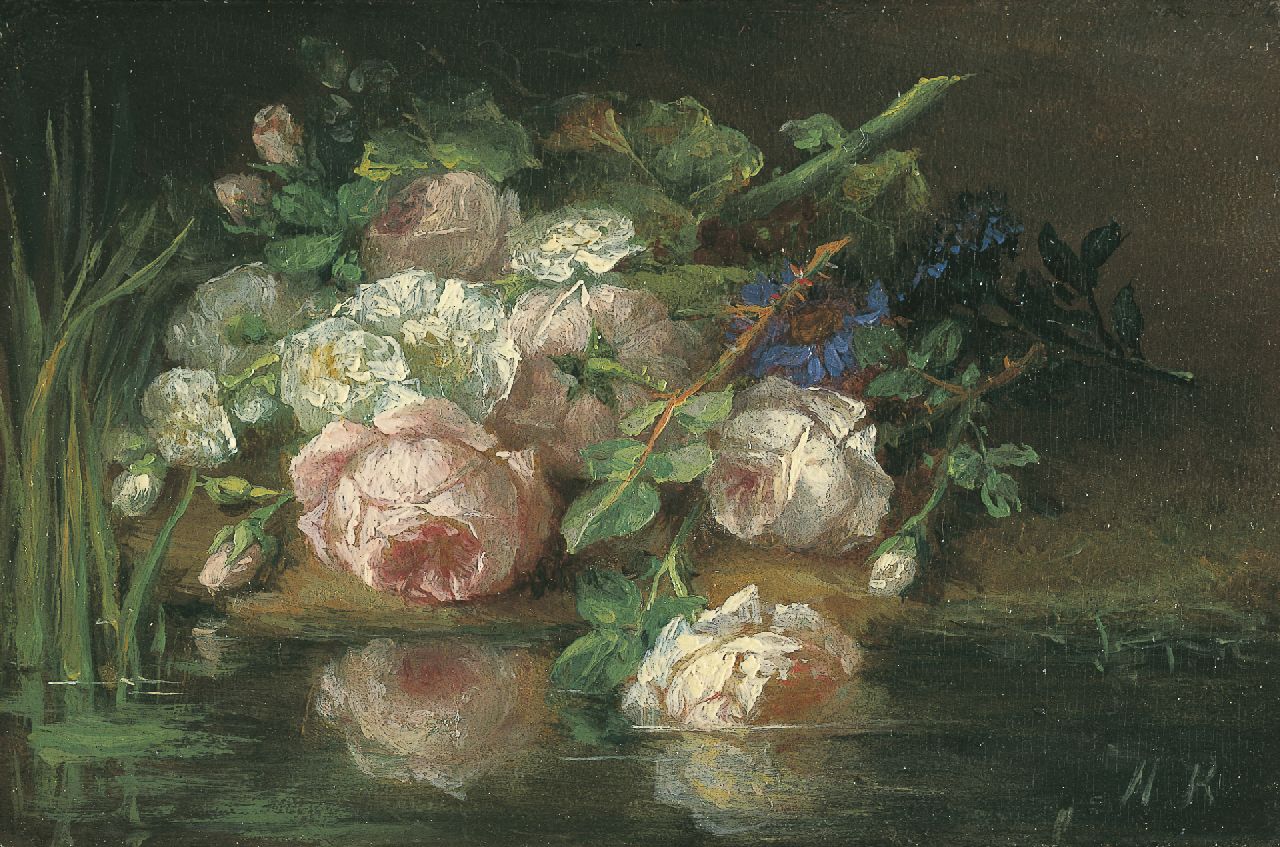 Roosenboom M.C.J.W.H.  | 'Margaretha' Cornelia Johanna Wilhelmina Henriëtta Roosenboom, Flowers on the riverbank, oil on panel 7.4 x 11.2 cm, signed l.r. with initials