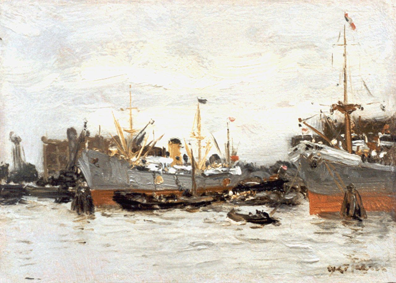 Jansen W.G.F.  | 'Willem' George Frederik Jansen, Daily activities in the Rotterdam harbour, oil on panel 15.0 x 21.0 cm, signed l.r.