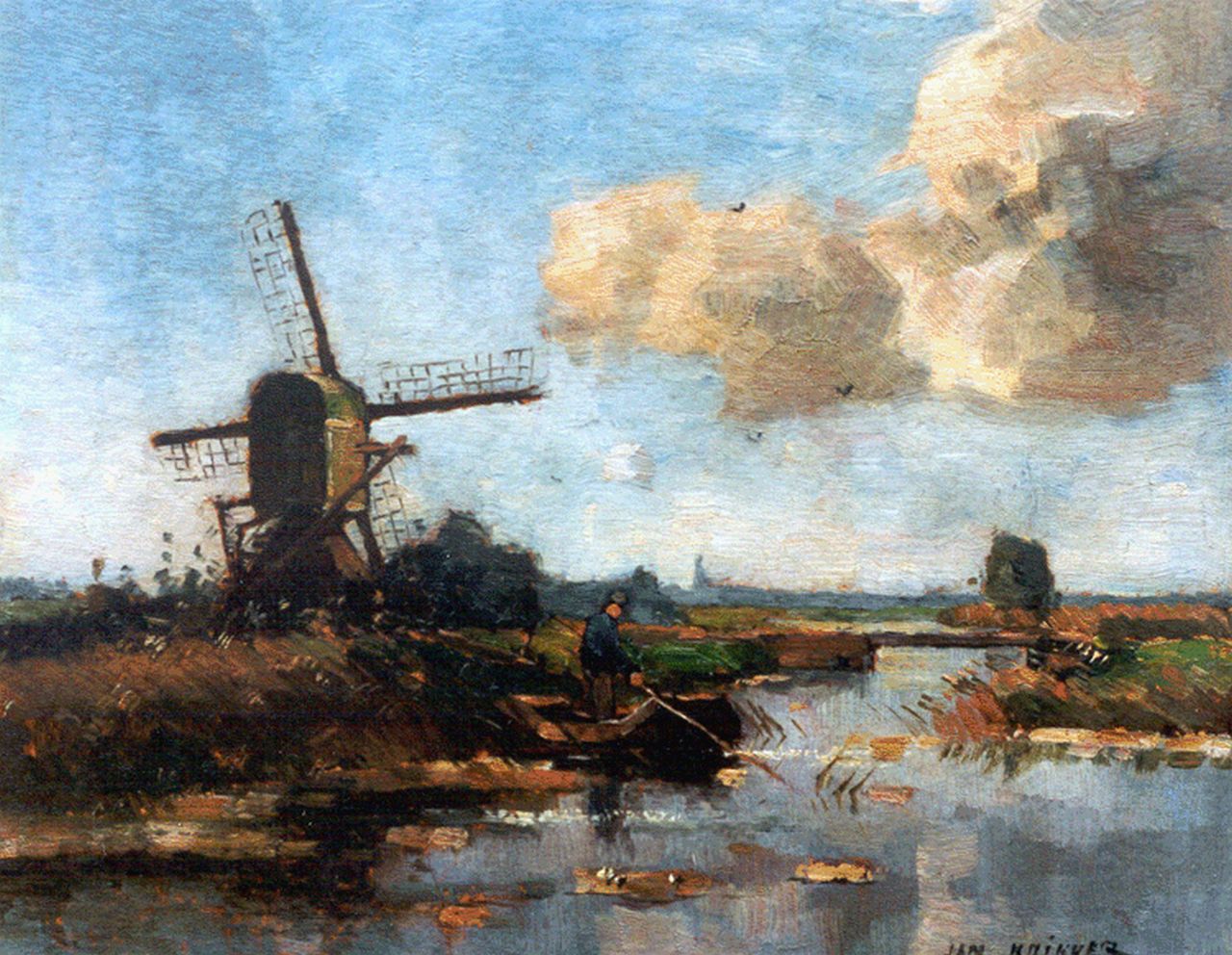 Knikker sr. J.S.  | 'Jan' Simon Knikker sr., A fisherman in a polder landscape, oil on painter's board 25.3 x 28.1 cm, signed l.r.