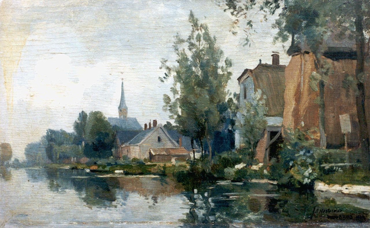 Hesterman jr. J.A.  | Johannes Albertus Hesterman jr., View of Woubrugge, oil on panel 21.1 x 32.0 cm, signed l.r. and on the reverse and dated 1922