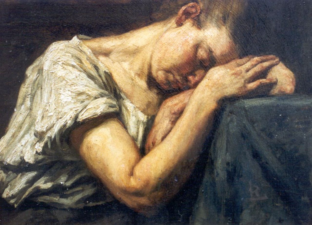 Larij R.  | Roeland 'Roland' Larij, Tiredness, oil on paper laid down on panel 25.6 x 32.2 cm, signed l.r. with monogram