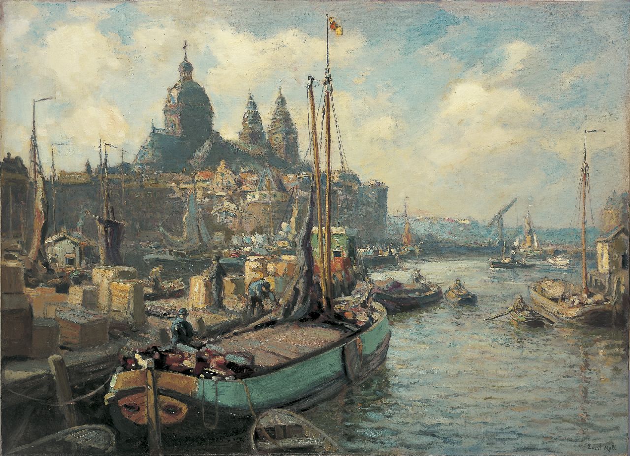 Moll E.  | Evert Moll, Moored boats, with the St.-Nikolaaskerk and the Scheierstoren beyond, Amsterdam, oil on canvas 80.3 x 110.6 cm, signed l.r.