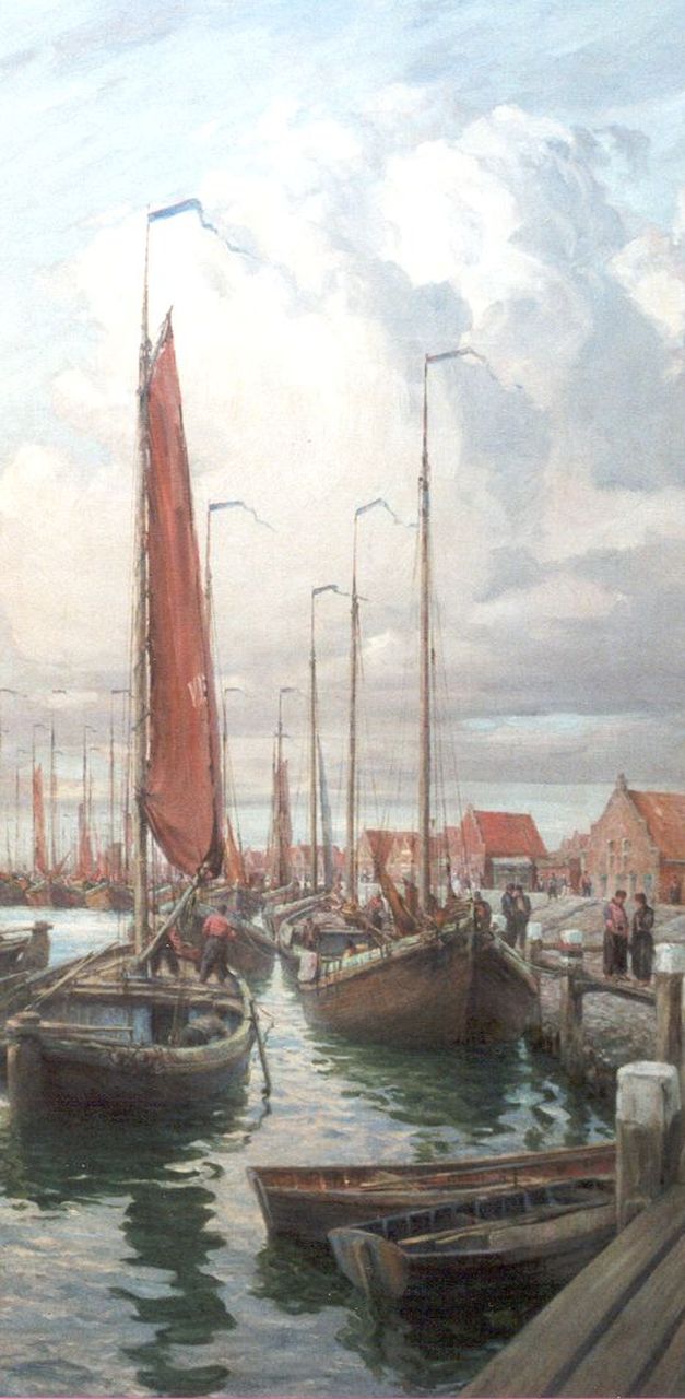 Randall M.  | Maurice Randall, Ships in the harbour of Volendam, oil on canvas 175.3 x 91.3 cm, signed l.r.
