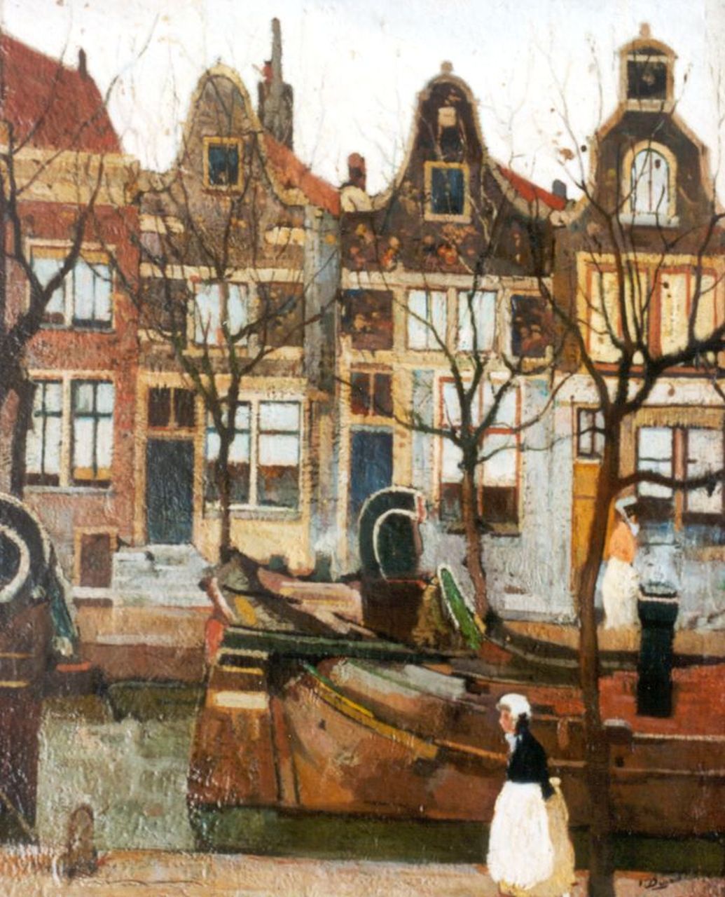 Dupont P.  | Pieter Dupont, Houses along a canal, Amsterdam, oil on canvas 38.0 x 30.3 cm, signed l.r. and on the reverse and dated '94 on the reverse