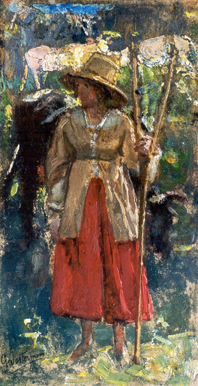 Westermann G.B.J.  | Gerhardus Bernardus Josephus 'Gerard' Westermann, Shepherdess, oil on canvas laid down on cardboard 28.2 x 15.5 cm, signed l.l. and dated '43