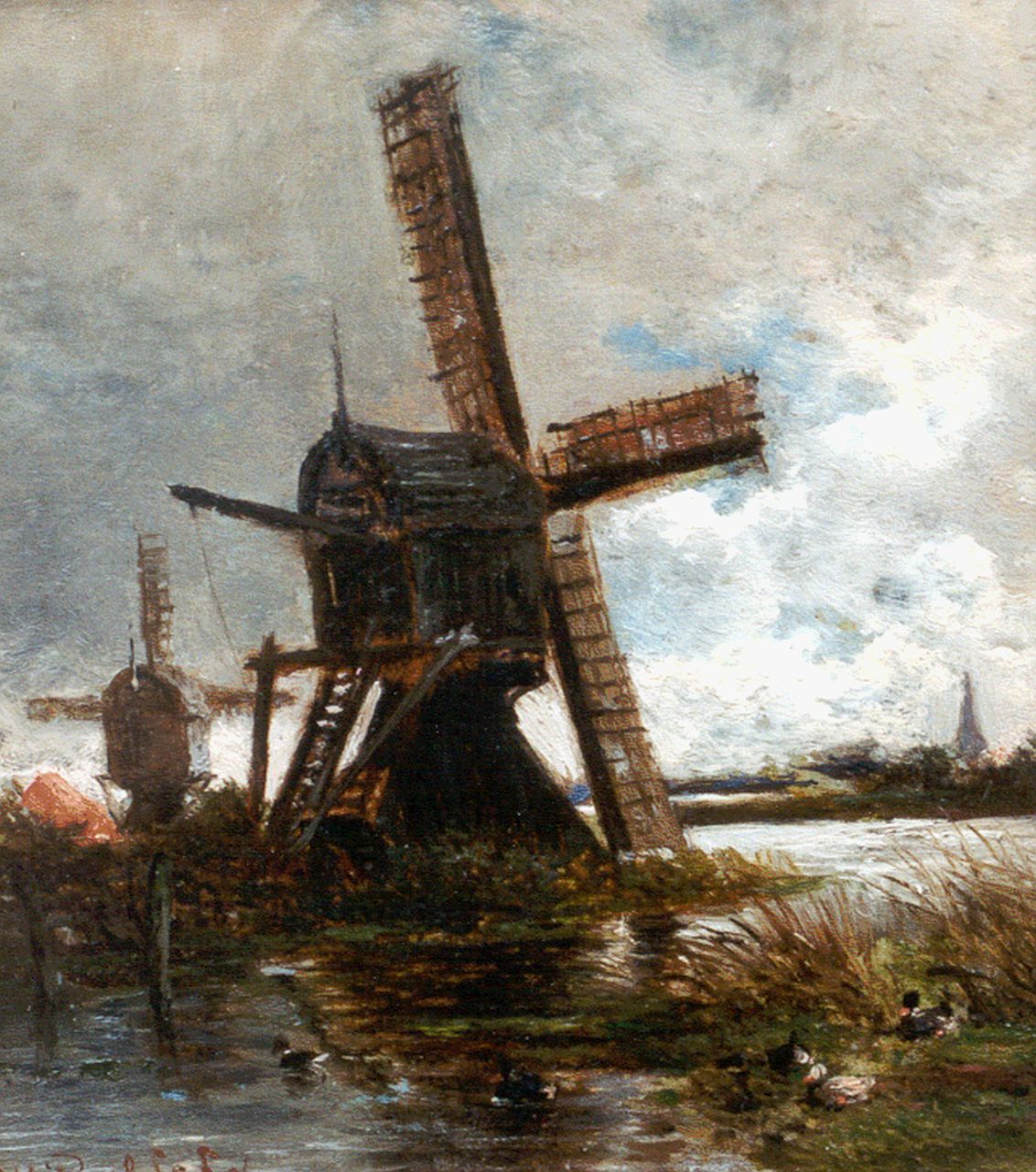Roelofs W.  | Willem Roelofs, Smockmills along a canal, oil on panel 14.5 x 12.9 cm, signed l.l. and dated '56