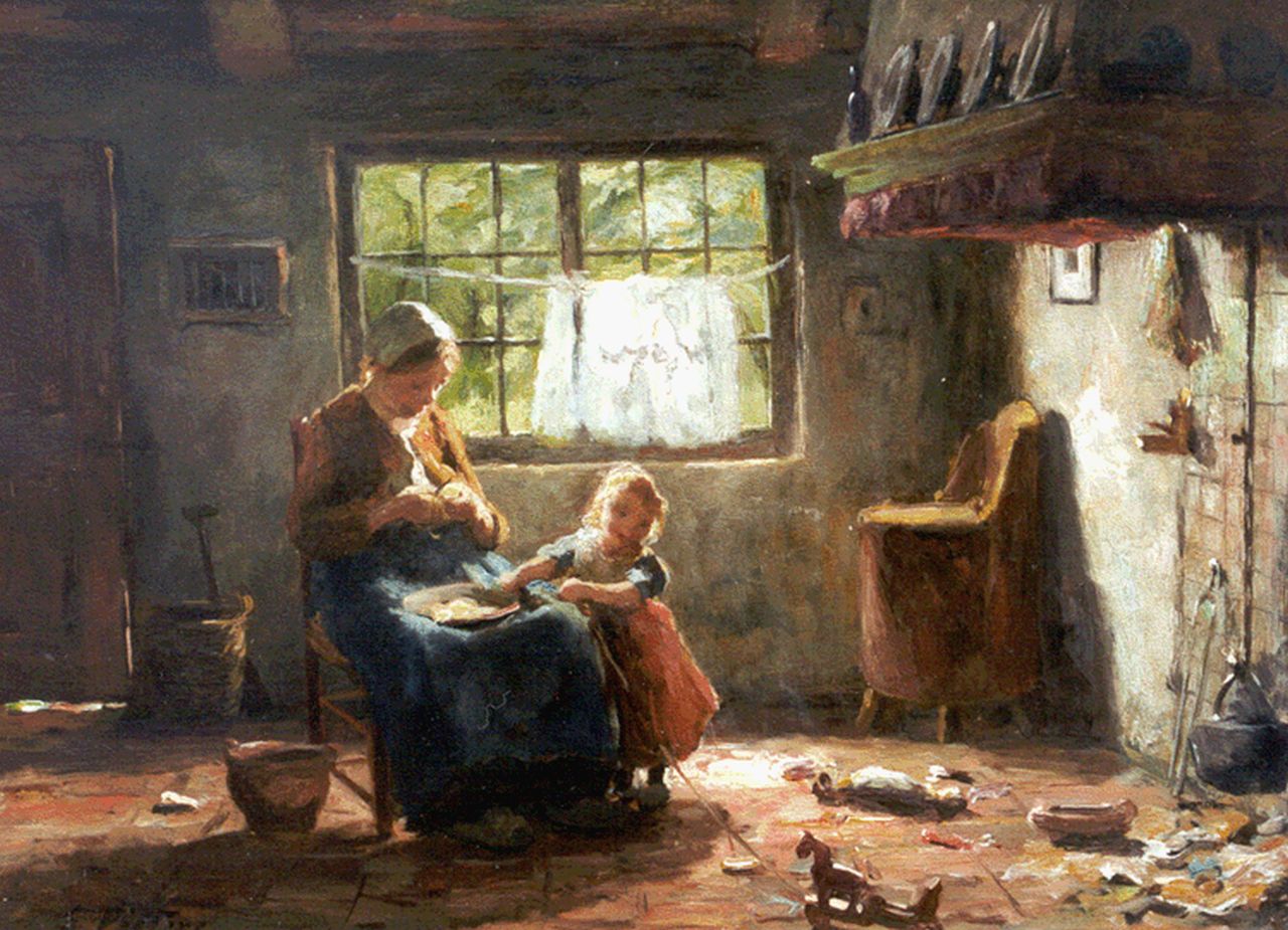 Pieters E.  | Evert Pieters, Interior with mother and child, oil on panel 26.6 x 36.0 cm, signed l.l.