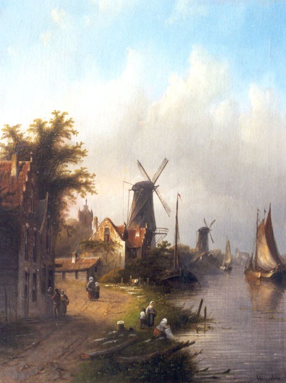 Spohler J.J.C.  | Jacob Jan Coenraad Spohler, A river landscape with moored boats, oil on canvas 44.8 x 35.0 cm, signed l.r.