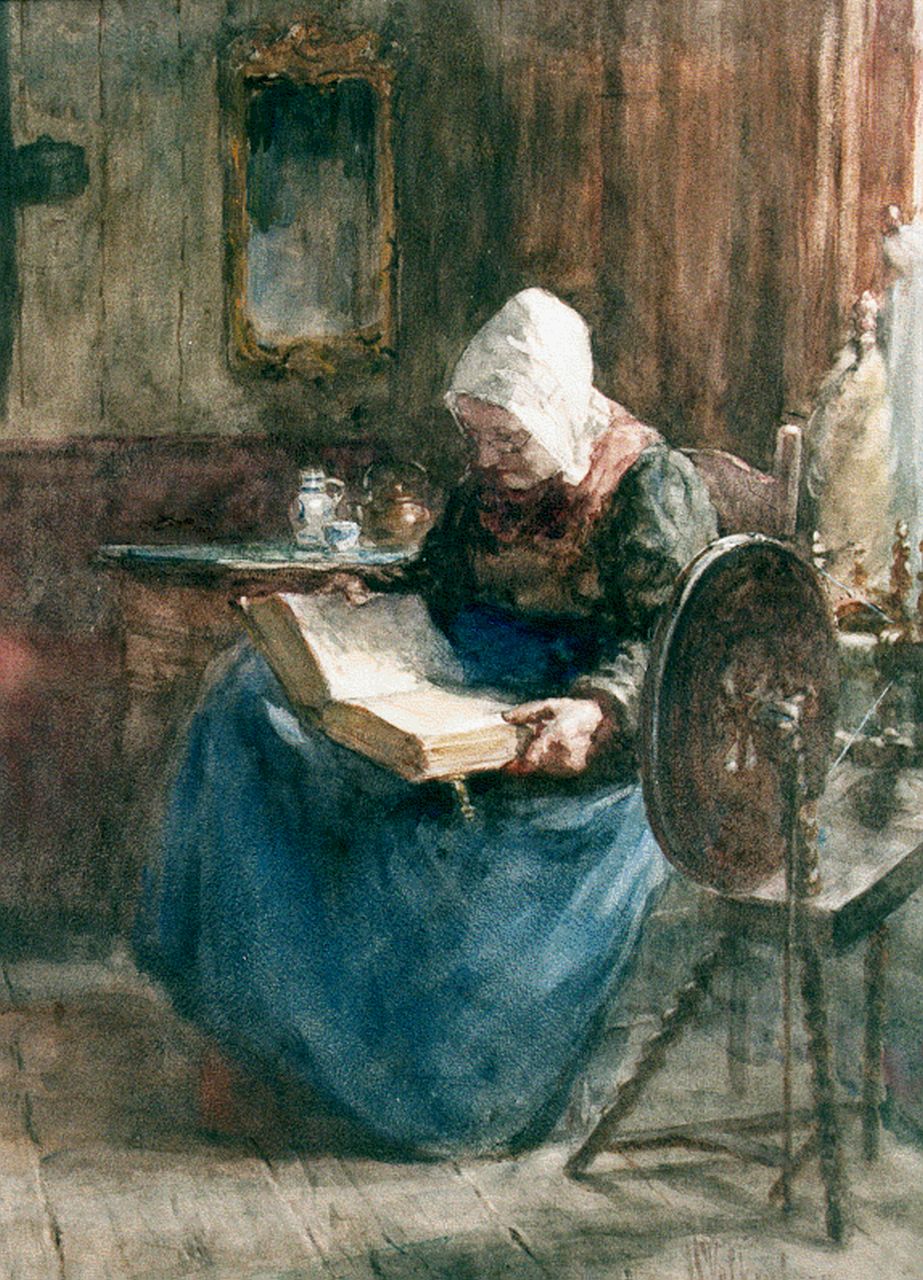 Valkenburg H.  | Hendrik Valkenburg, Reading the bible, watercolour on paper 53.0 x 40.0 cm, signed l.r.