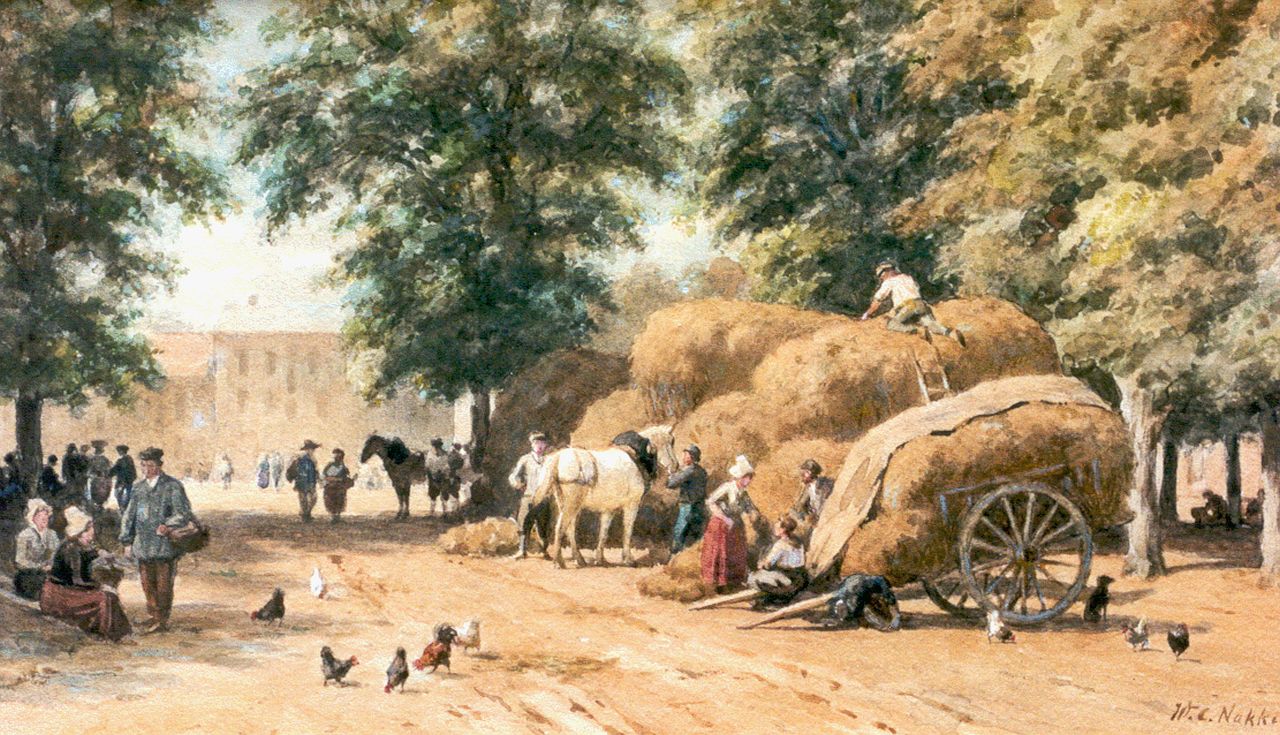 Nakken W.K.  | Willem Karel 'W.C.' Nakken, A market with haycarts, watercolour on paper 31.8 x 53.4 cm, signed l.r.