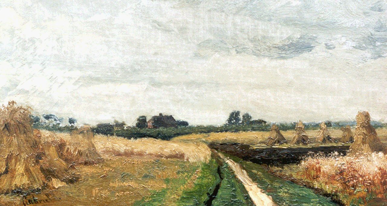 Gabriel P.J.C.  | Paul Joseph Constantin 'Constan(t)' Gabriel, Corn sheafs, oil on canvas laid down on panel 18.9 x 33.4 cm, signed l.l.