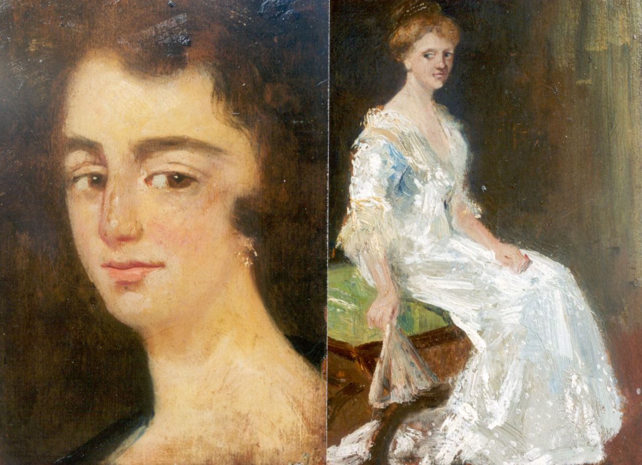 Maris S.W.  | Simon Willem Maris, Elegant lady with a fan (recto); portrait of a lady (verso), oil on panel 21.6 x 15.1 cm