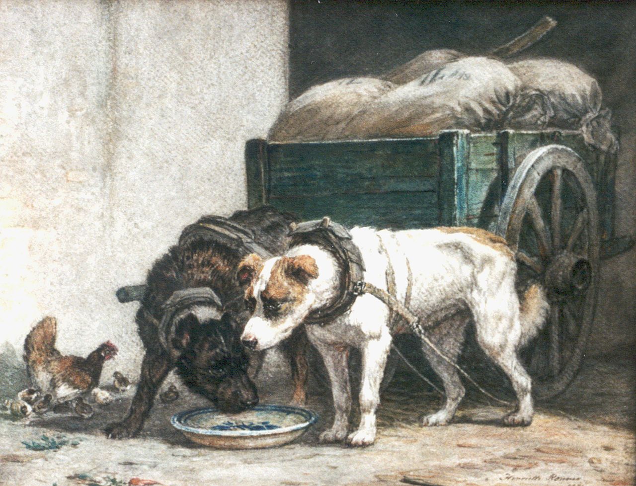 Ronner-Knip H.  | Henriette Ronner-Knip, Draft dogs eating, watercolour on paper 35.0 x 44.5 cm, signed l.r. and dated 1871