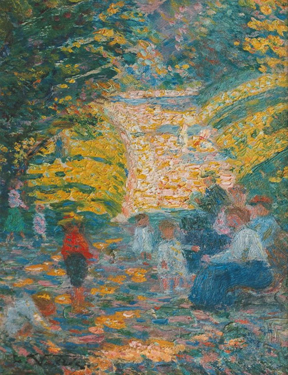 Vallée L.  | Ludovic Vallée, In het park, oil on panel 15.5 x 12.0 cm, gesigneerd linksonder