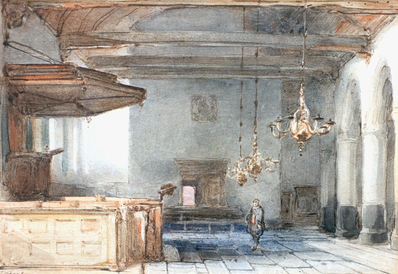 Bosboom J.  | Johannes Bosboom, Aisle of Bakenessekerk, Haarlem, watercolour on paper 15.0 x 20.5 cm, signed l.l.