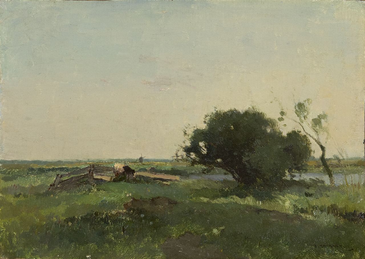Knikker A.  | Aris Knikker, A Dutch meadow landscape with a windmill, oil on canvas laid down on painter's board 22.5 x 31.0 cm, signed l.r.