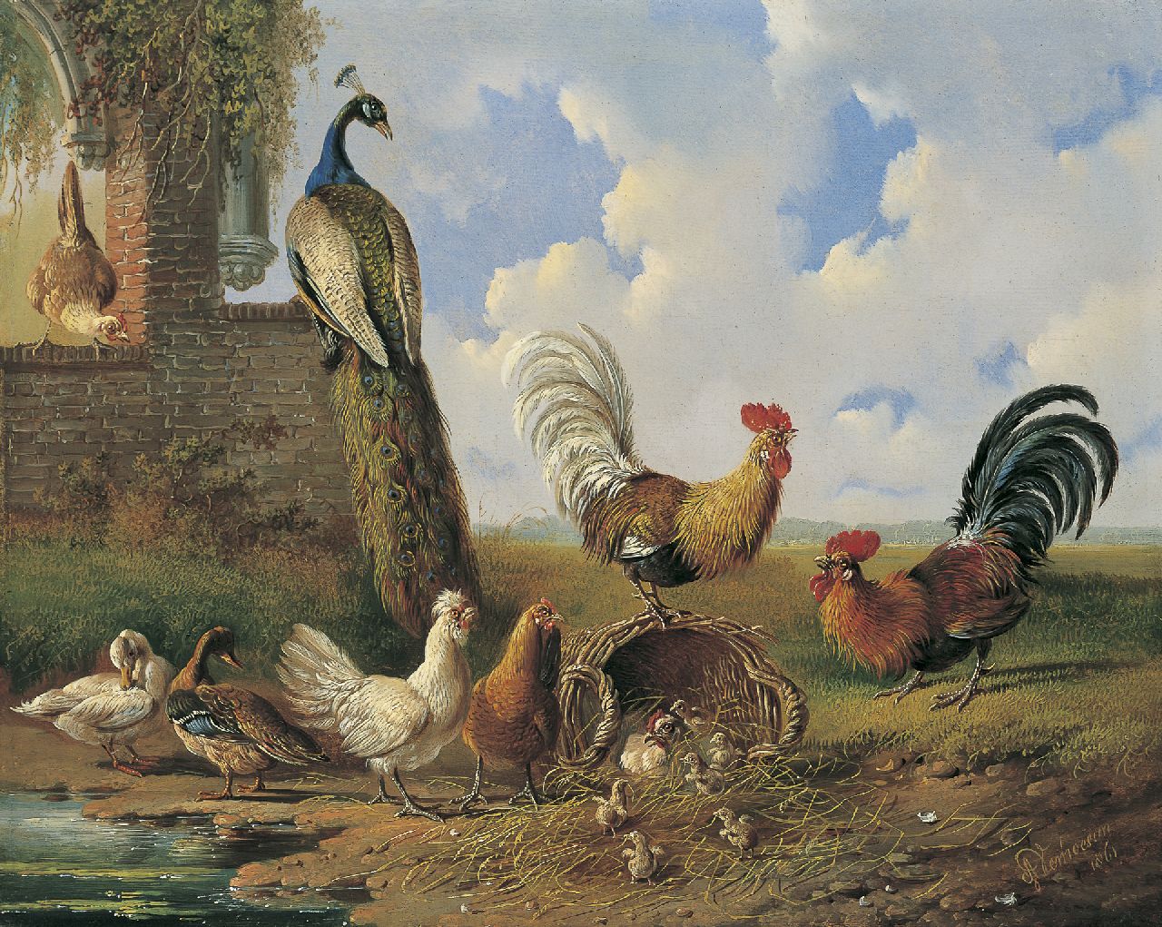 Verhoesen A.  | Albertus Verhoesen, Poultry and a peacock near a ruin, oil on panel 30.4 x 38.3 cm, signed l.r. and dated 1861