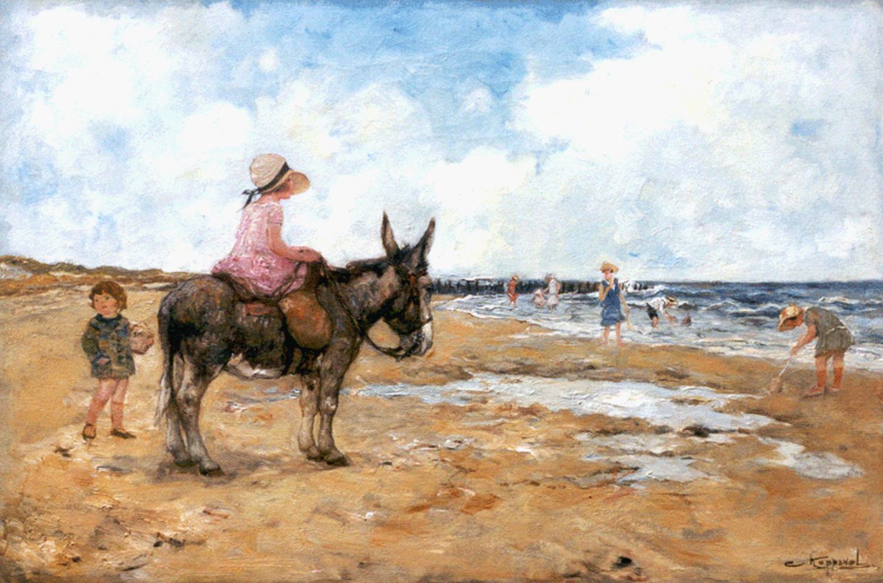 Koppenol C.  | Cornelis 'Kees' Koppenol, A donkey-ride on the beach, oil on canvas 40.3 x 60.3 cm, signed l.r.