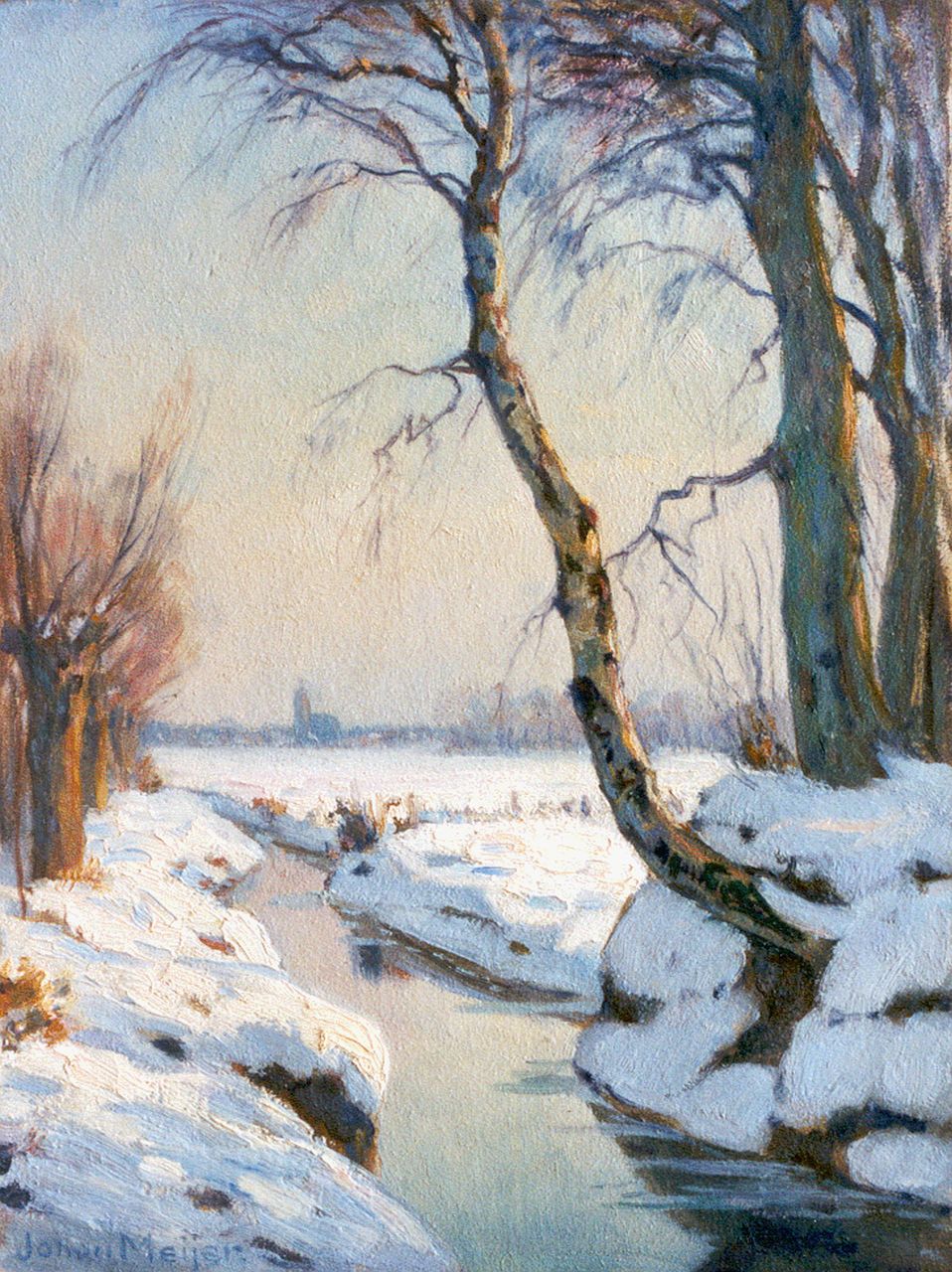 Meijer J.  | Johannes 'Johan' Meijer, A snow-covered landscape, oil on panel 32.2 x 24.1 cm, signed l.l. and on the reverse